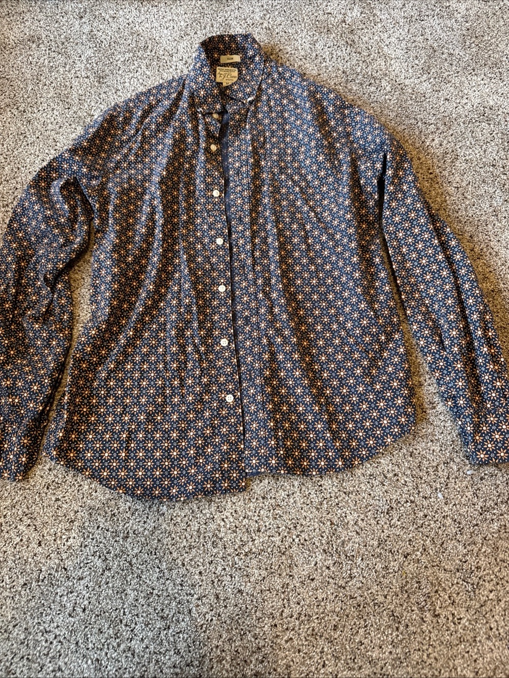 J. Crew Navy Button-Down Shirt with Small Cream Floral Print size M